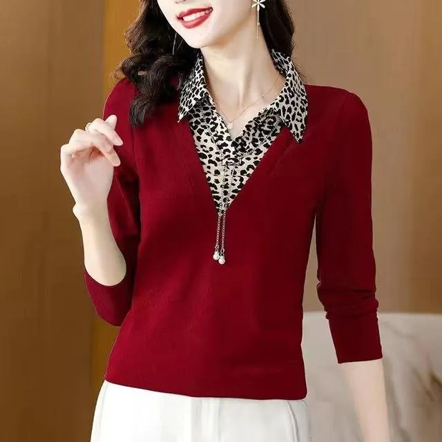 2025新款春秋中年妈妈装洋气减龄翻领长袖t恤女假两件打底衫上衣