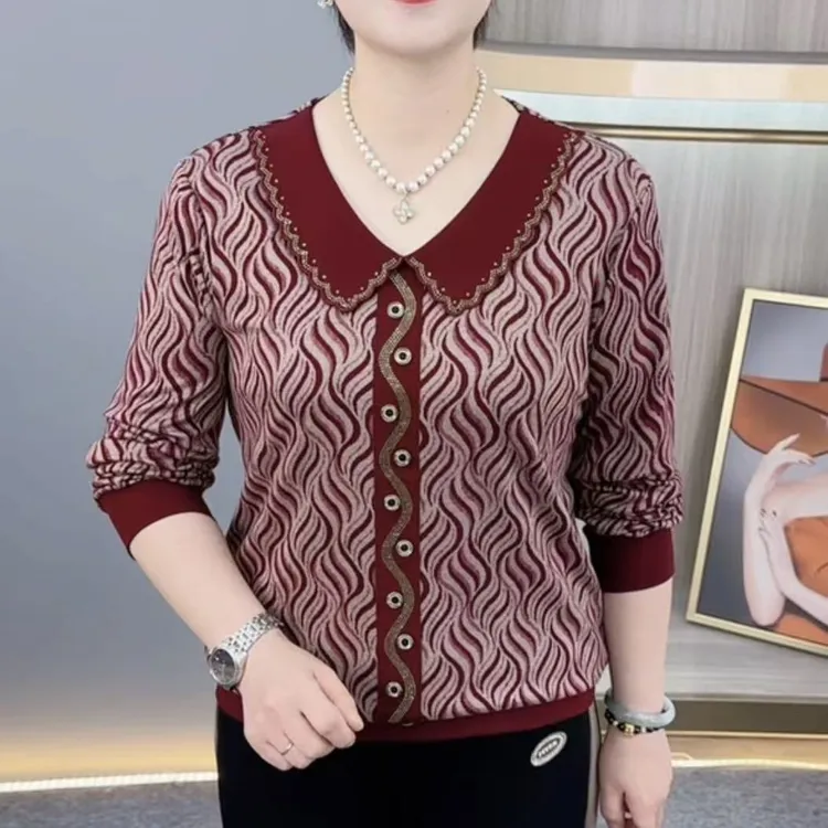 秋季新款时尚娃娃领烫钻洋气妈妈装休闲减龄百搭长袖上衣H9856