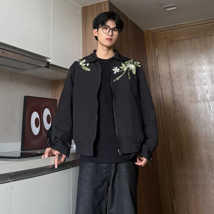 美式高街翻领外套男ins秋字母花卉刺绣宽松休闲夹克两面穿上衣潮