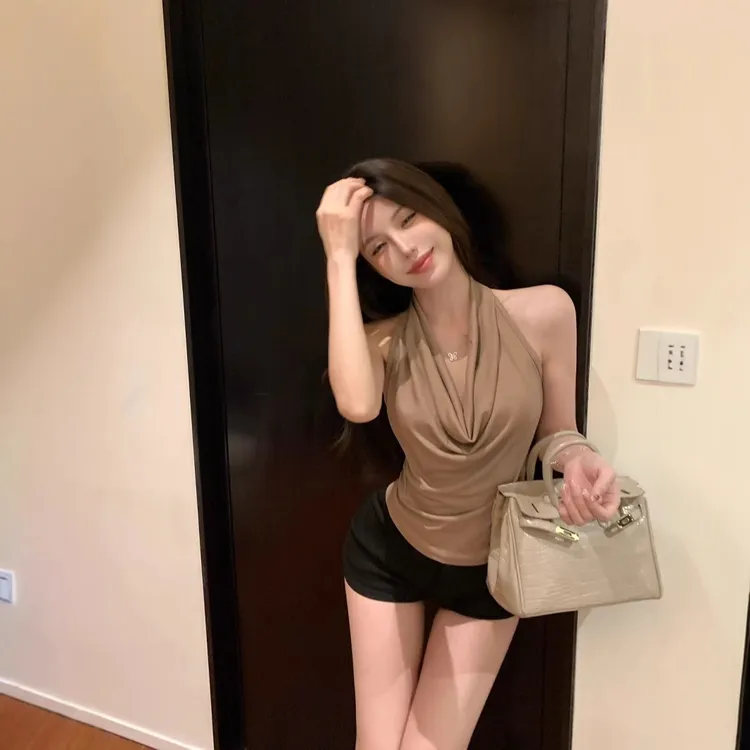 气质蓝色荡领挂脖吊带背心女夏季修身辣妹设计感无袖露背上衣外穿