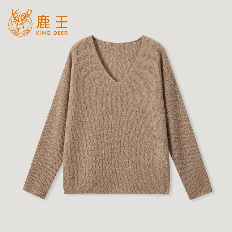 King Deer/鹿王“温暖复古”V领厚款宽松型百搭纯色羊绒衫L805511