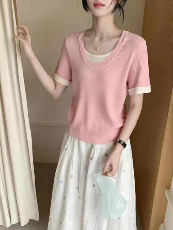 拼接假两件针织短袖女装上衣夏季薄款新2025冰丝t恤修身显瘦宽松