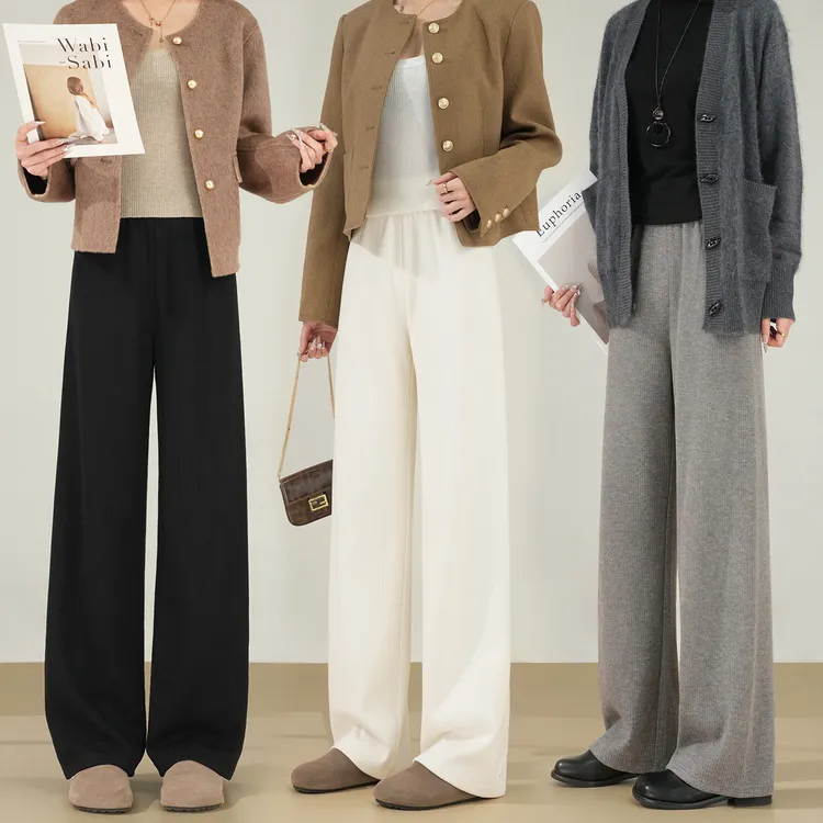 ebenb【六色咩咩绒坑条裤】窄版直筒裤2025新款针织垂感秋冬拖地裤