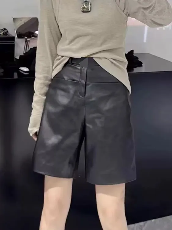 绵羊皮真皮皮裤女短裤高腰五分阔腿裤百搭中裤休闲裤外穿春季新款