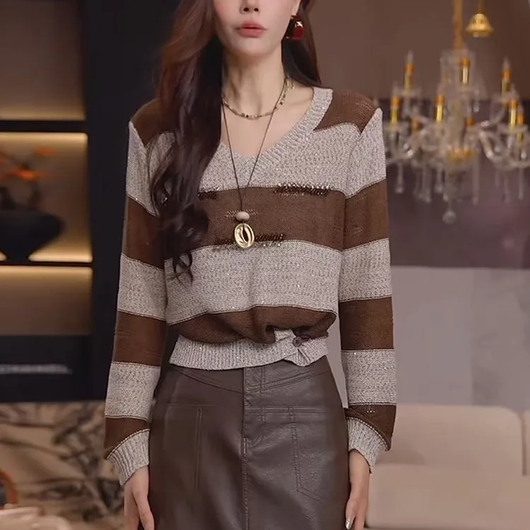 咖色条纹撞色毛衣女2025秋季新款收腰显瘦洋气内搭打底针织衫上衣
