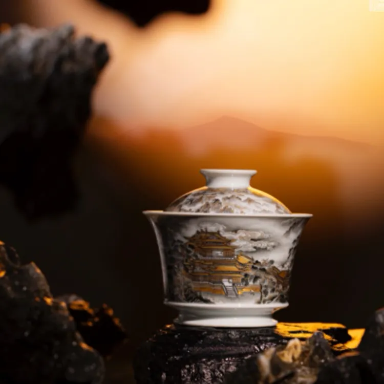 艺林堂藏珍系列墨彩描金银山有溟盖碗【手工制作214ml】