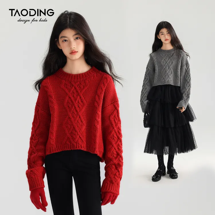 淘町女童毛衣秋冬新款麻花针织衫女孩复古洋气圣诞羊毛衫红色上衣
