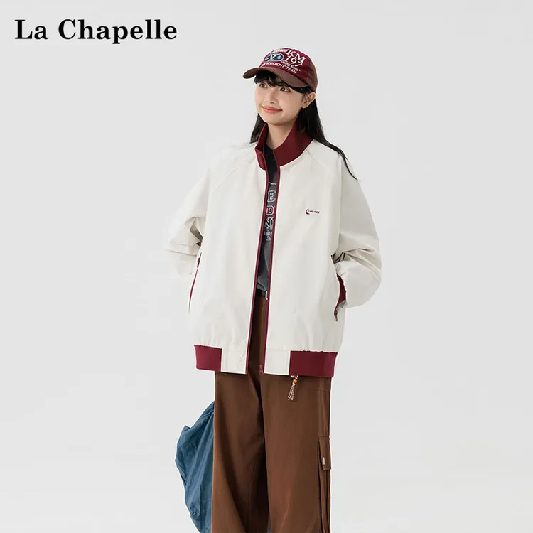 La Chapelle/拉夏贝尔秋冬休闲撞色潮流字母刺绣立领夹克外套男女