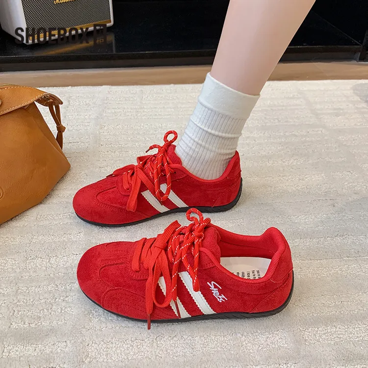 SHOEBOX鞋柜2025早秋款复古德训鞋女潮流百搭休闲红色平底运动鞋