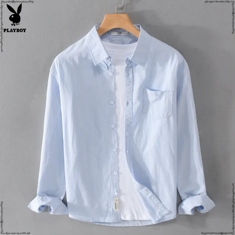 花花公子PLAYBOY花花公子男装纯棉百搭长袖衬衫白色青年商务休闲