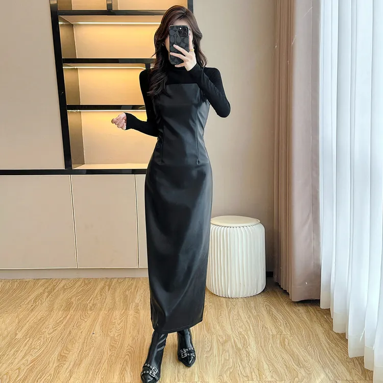 2025秋冬黑色吊带皮裙连衣裙女修身显瘦高级感气质御姐开叉长裙子