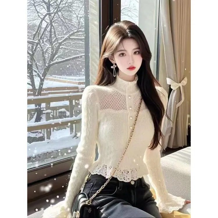 法式绝美独特蕾丝半高领喇叭袖衬衫女装秋冬穿搭收腰修身长袖上衣