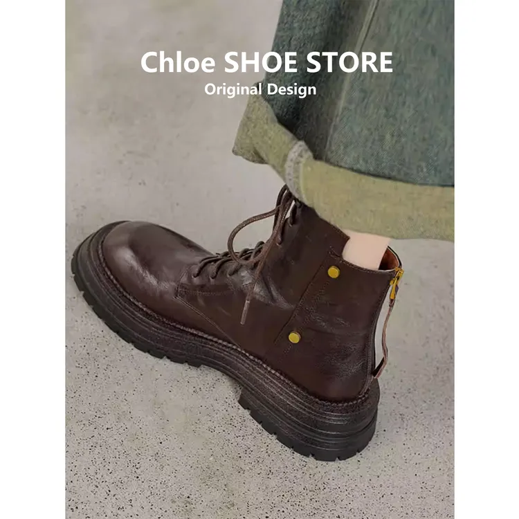 牛皮版~真皮马丁靴女英伦风2025年新款复古百搭棕色系带厚底短靴