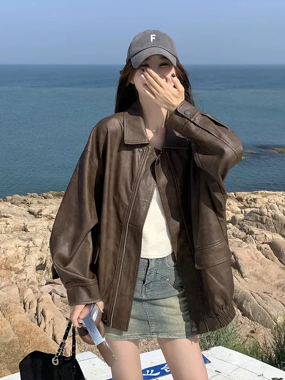美拉德复古PU皮衣外套女2025春秋新款韩系高级感炸街机车风皮夹克