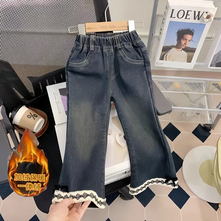 女童裤子秋冬款2025新款洋气宝宝加绒加厚长裤儿童牛仔保暖微喇裤