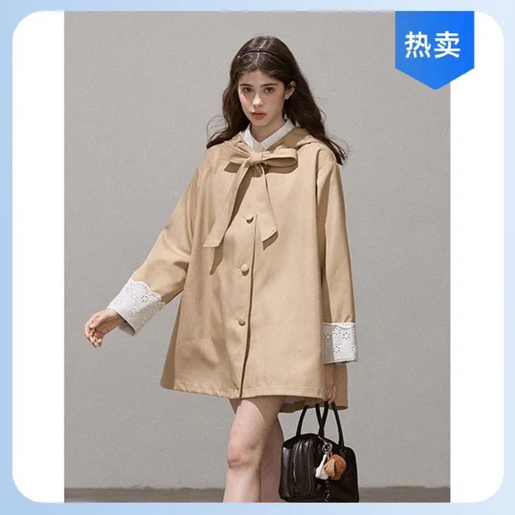 韩系拼接花边袖口蝴蝶结连帽风衣女2025秋季小个子宽松中长款外套