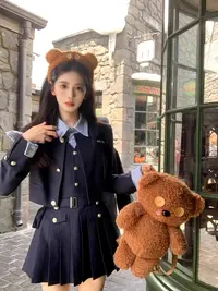 学院风套装女春季小个子西装外套条纹衬衫背带百褶裙jk制服三件女