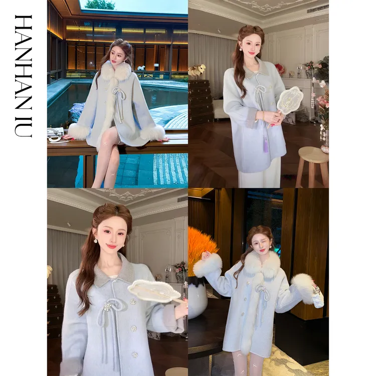 韩韩IU【浮世芳华】羊毛双面呢可拆卸狐毛大领秋冬季女士中长款大衣