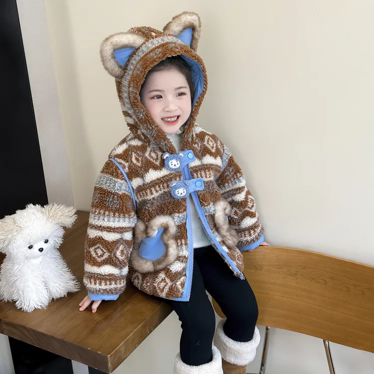 女童夹棉连帽外套秋冬季2025新款儿童洋气时髦加厚冬装卡通毛毛衣