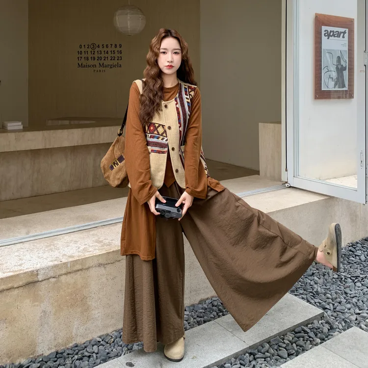 小众洋气复古不规则套装裤女2025秋季新款马甲T恤阔腿裙裤三件套
