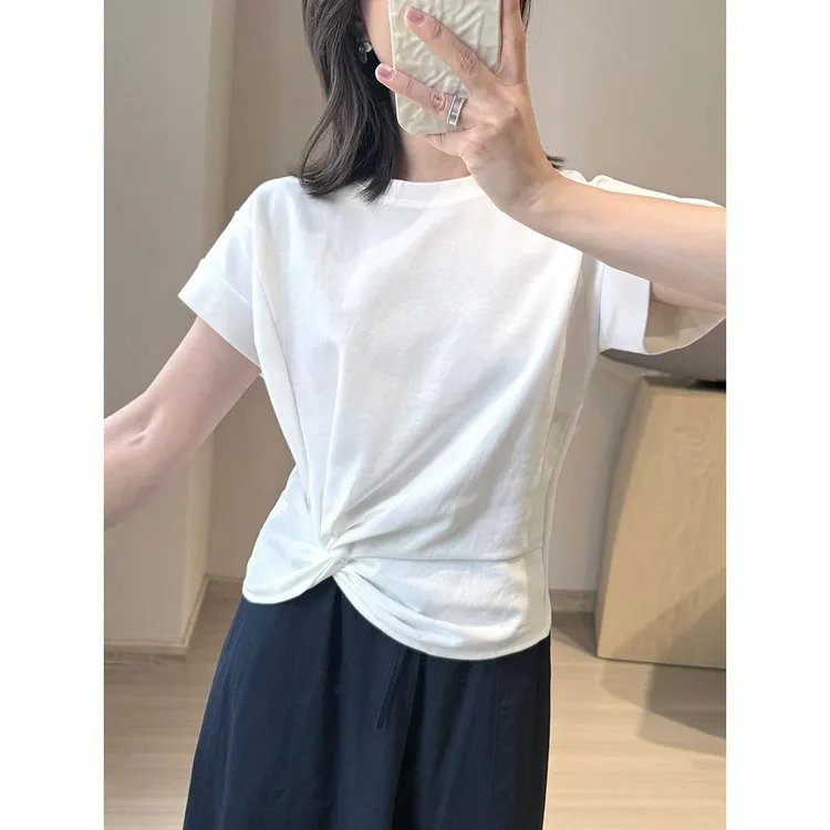 【运补6】白色圆领扭结短袖t恤女款2025新款夏季设计感小众小个子
