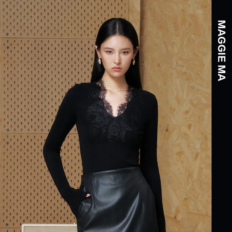 MAGGIE MA马婧设计师款黑白蕾丝优雅迷人显瘦打底衫641S