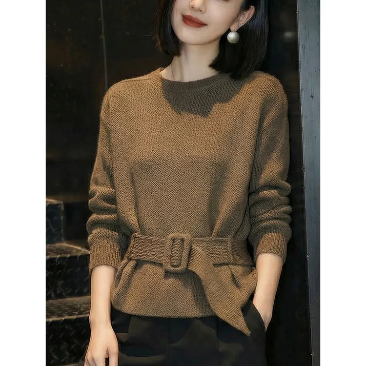 咖色套头毛衣女士秋冬新款慵懒高级感洋气减龄收腰绑带针织衫上衣