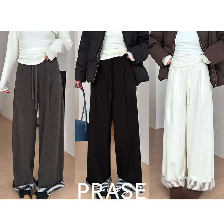 PRASE·噜【卷边裤】微胖显瘦松紧腰翻边条纹直筒阔腿休闲裤PR510C24