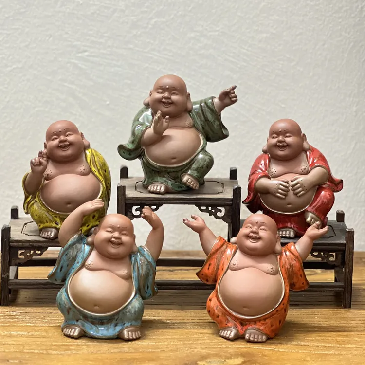创意陶瓷五福弥勒摆件精品个性茶玩茶桌配件禅意茶空间装饰品