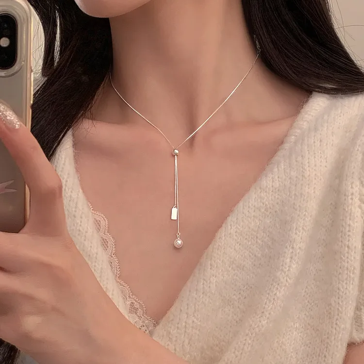 坠链均925银仿珍珠 925纯银珍珠抽拉项链ins小众轻奢气质锁骨链女