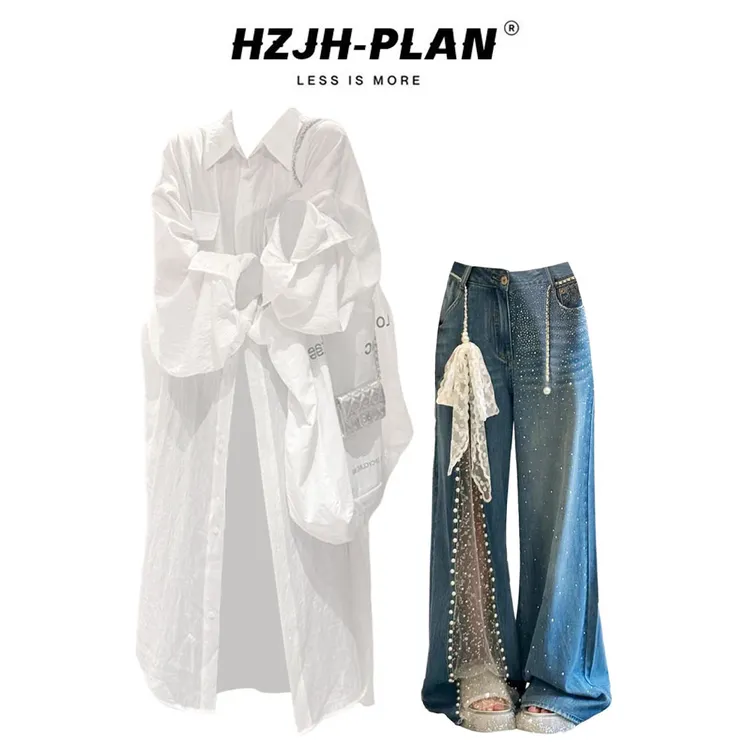 韩系慵懒风女装轻薄透气长款防晒衬衫上衣夏蕾丝阔腿牛仔裤两件套