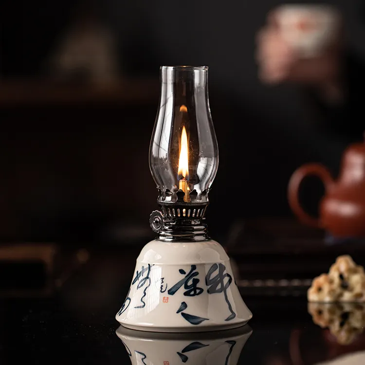 新中式手写诗文陶瓷酥油灯小摆件创意防风煤油灯小夜灯茶室装饰品