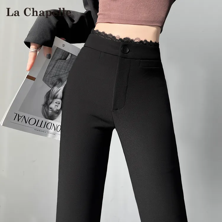 拉夏贝尔黑色加绒西装微喇裤女秋冬新款蕾丝边高腰垂感拖地马蹄裤