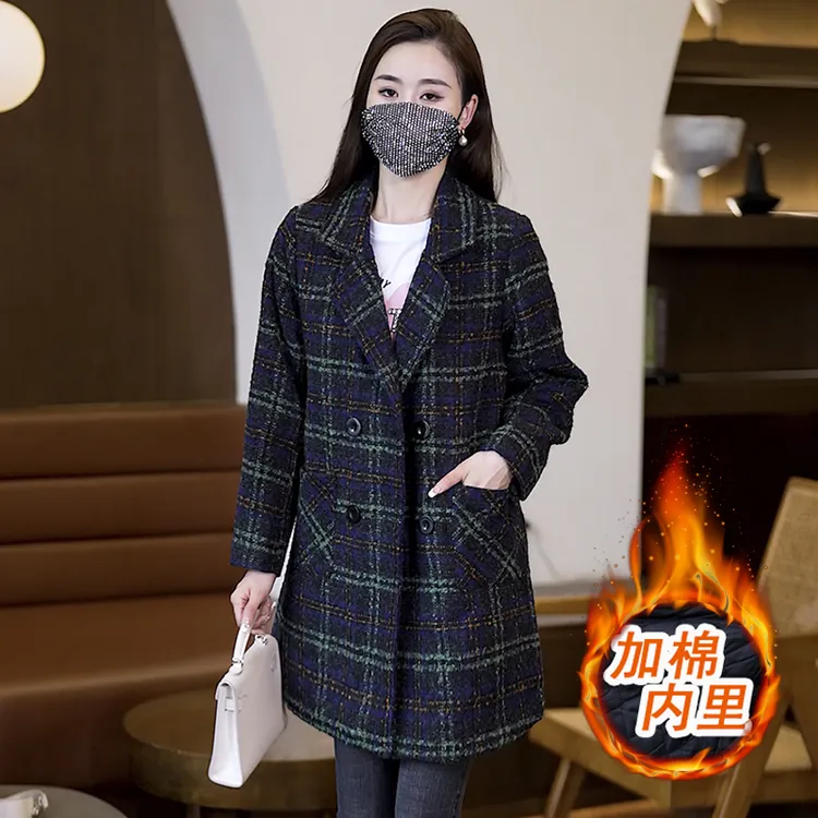 加厚夹棉毛呢外套休闲格子西装冬季新款大码女装胖显瘦呢子大衣