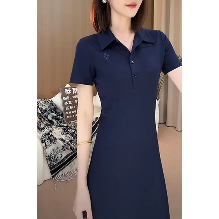 法式polo领超好看连衣裙女春秋新款翻领收腰显瘦短袖休闲百搭长裙