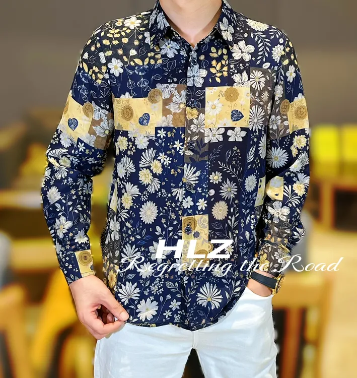 2025早秋新款男士时尚轻奢小雏菊个性花朵图案纽扣款翻领长袖衬衫