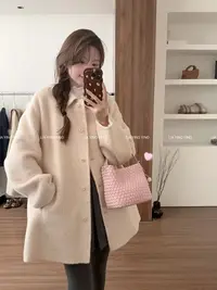 【星落浅滩-短】羊毛苏丽！粉色羊毛大衣～圈圈毛～实物更好看！双面尼