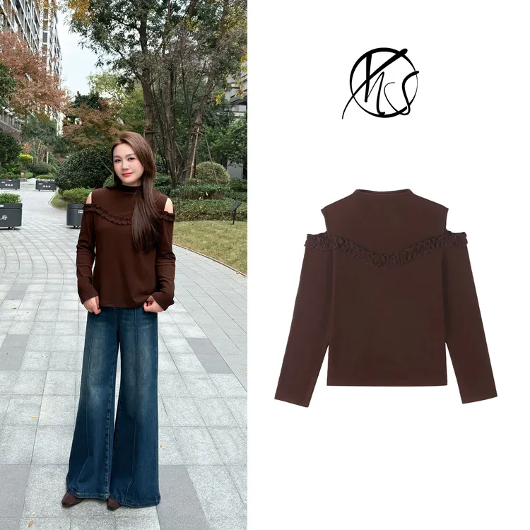NANJIE/楠姐【赫丽香肩】冬季花边露肩半高领内搭上衣XNS6782