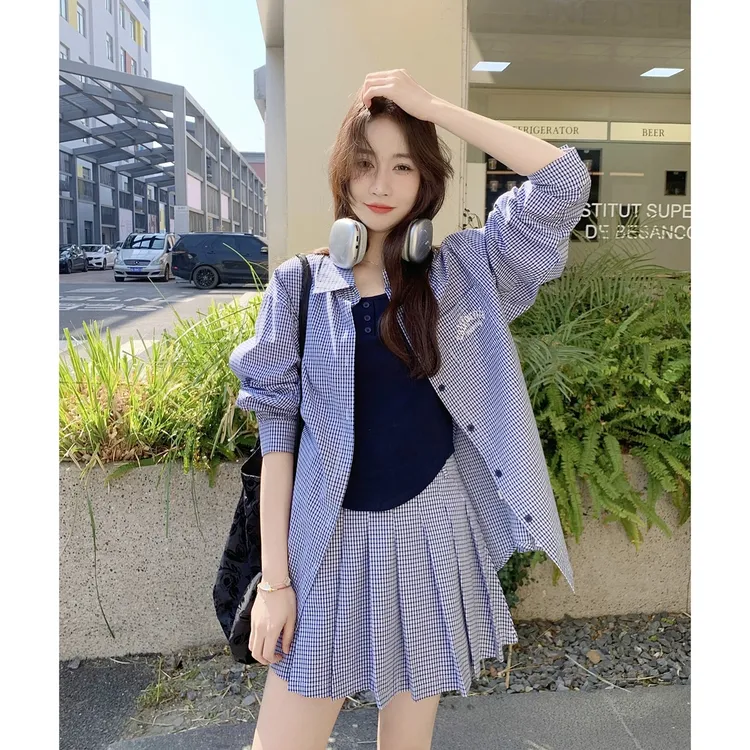 一整套ootd穿搭高级感遮肉小个子学院风格子衬衫百褶半身裙两件套