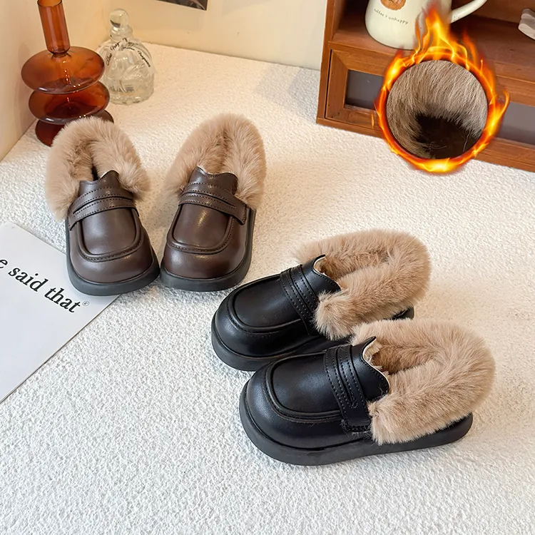 女童英伦风公主鞋2025冬季加绒保暖棉鞋软底防滑毛毛皮鞋百搭时尚