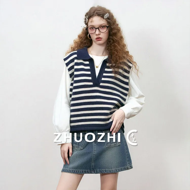 卓芝法式经典翻领拼色条纹针织马甲2025秋季新款百搭叠穿背心上衣