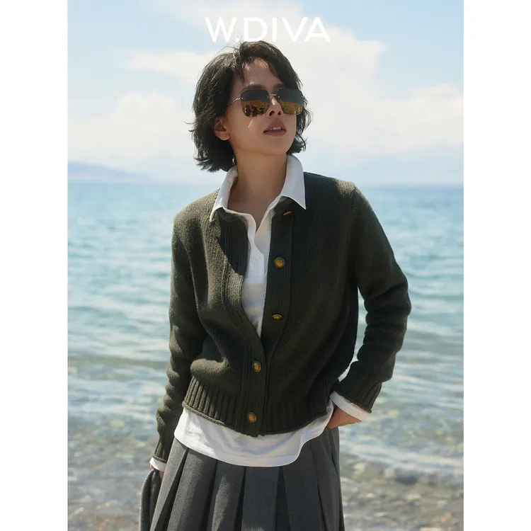 W.Diva【旧书页】山羊绒羊毛复古老钱风花纱立领针织开衫53Z012780