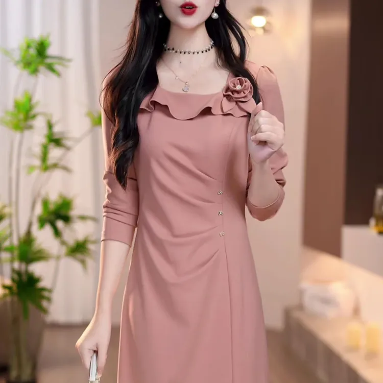 秋季新款设计感长袖连衣裙女时尚气质显瘦拼接玫瑰中长款开叉裙子