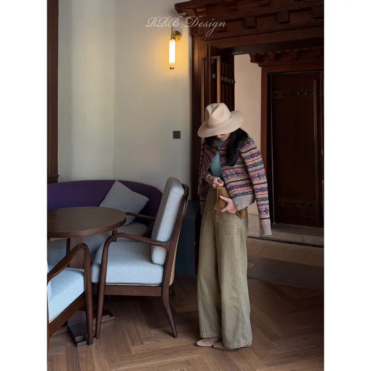 RRB Design 定染绿100%棉宽松显瘦百搭休闲直筒裤