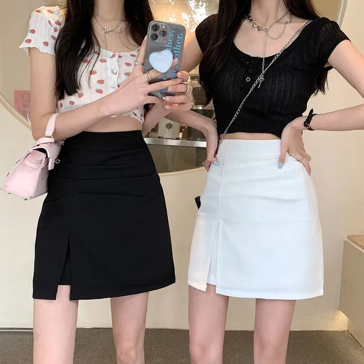 夏季新款韩版a字裙高腰显瘦气质开叉褶皱包臀半身裙子黑色短裙女