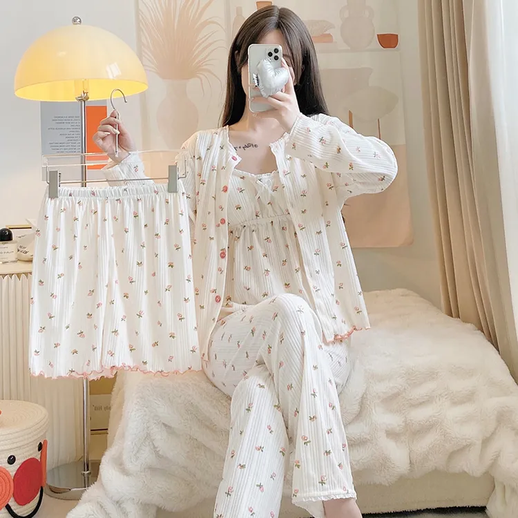 睡衣女春秋款带胸垫甜美可爱少女四件套装夏天宽松长袖家居服冬季