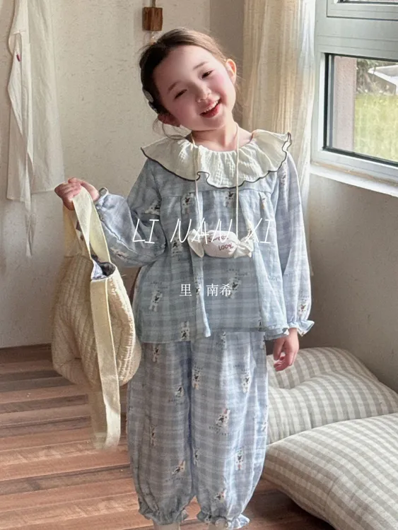 公主风睡衣睡裤25年春款新宝宝木耳边娃娃领可爱家居服套装