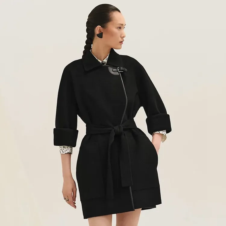 whoskongxx｜触手可及山羊绒皮扣双面尼手工拼接外套（干洗