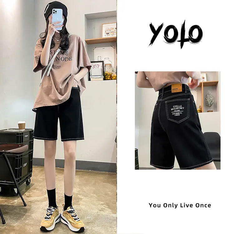 黑色高腰五分牛仔短裤女夏季新款美式高街刺绣小个子直筒中裤