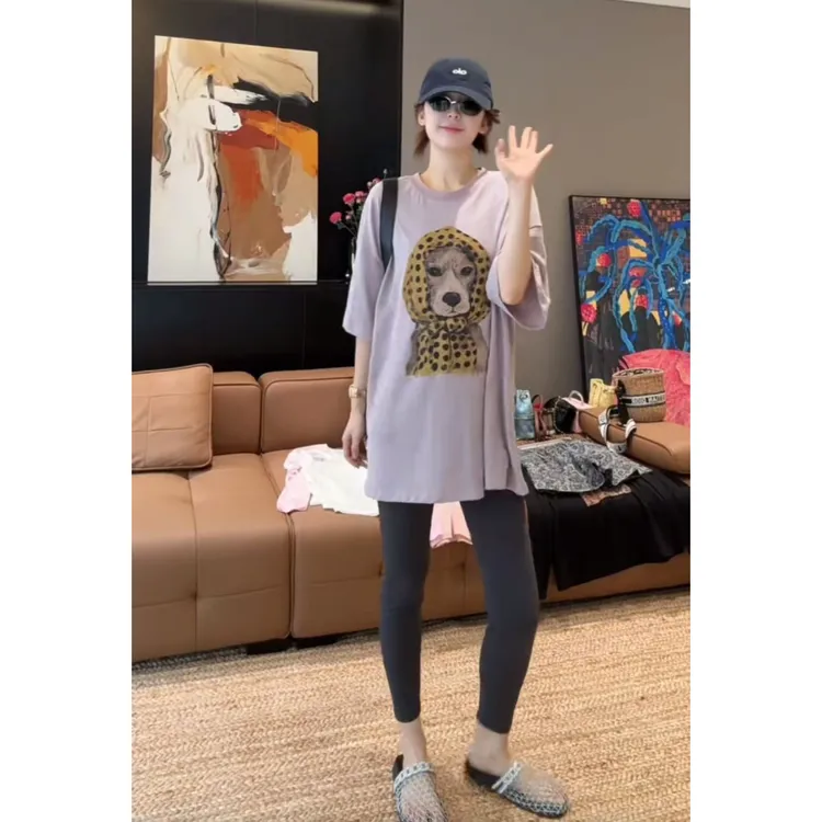 徐靖靖【头巾狗狗】印花T恤时尚圆领百搭慵懒狗狗潮牌短袖2506020